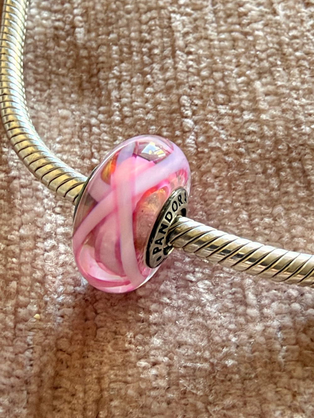 RETIRED Authentic PANDORA Pink RIBBON of HOPE Murano Glass Charm 791604 925 Silv